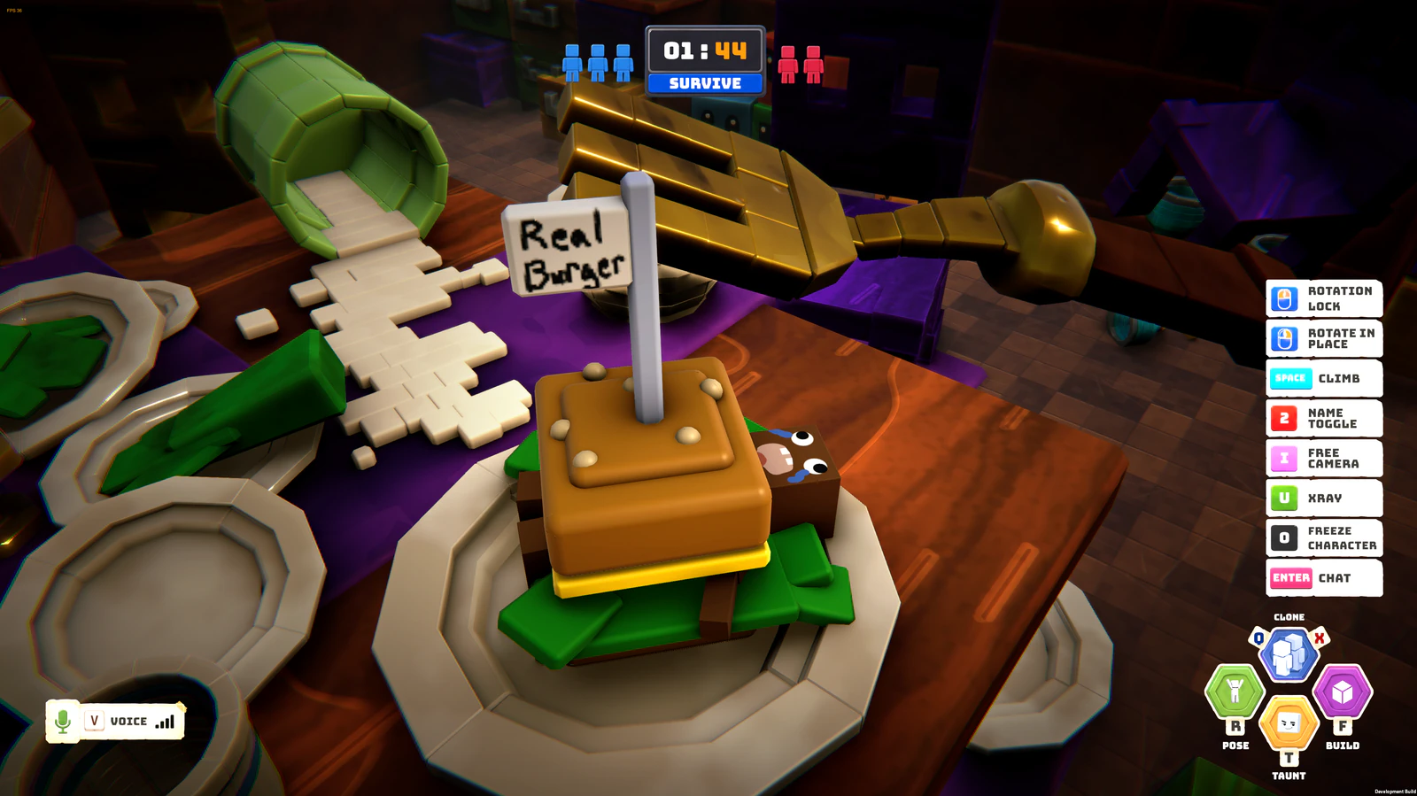 A player-built burger disguise on a dining table in Peekablock