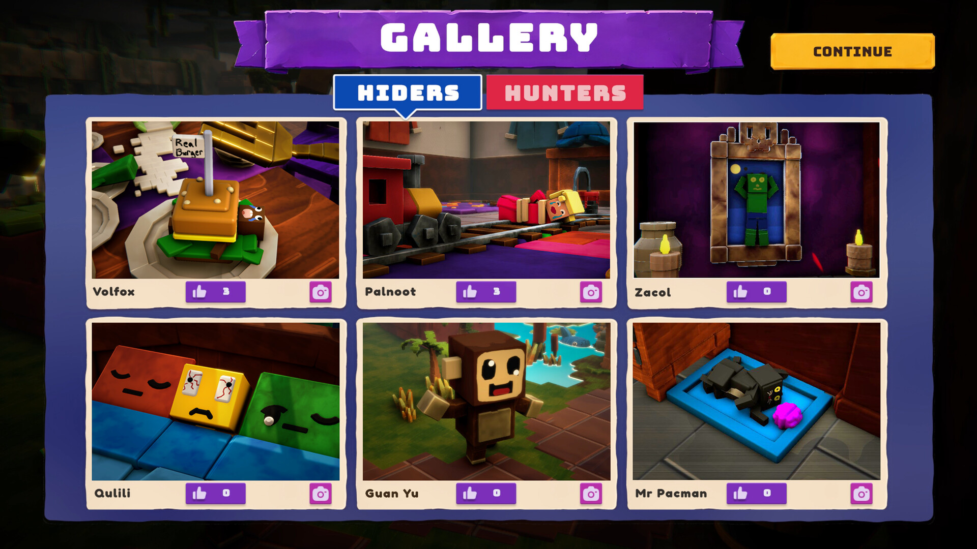 The post-match gallery displays player-made Hider and Hunter creations for voting