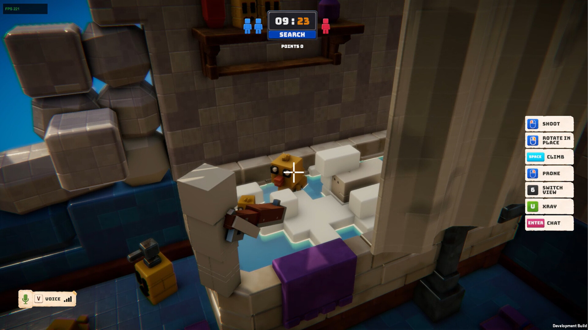 A Hunter aims at a player-built duck hiding in a bathtub